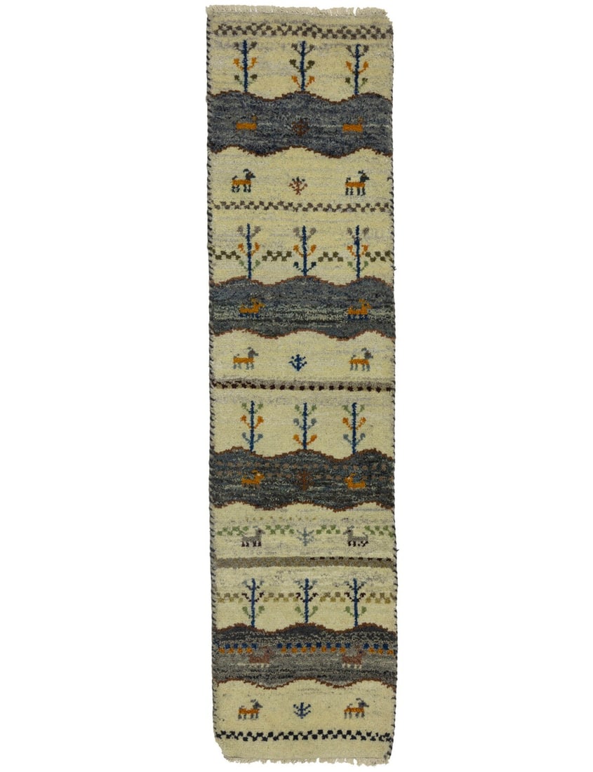 Indo-Gabbeh Hand-Knotted Wool Runner Rug 1'4 x 5'7 Tribal Design: Indo-Gabbeh Hand-Knotted Wool Runner Rug 1'4 x 5'7 Tribal Design Enhance your home decor with this Indo-Gabbeh Plush Wool Runner Rug, perfect for hallways and kitchens. This rug features a contemporar