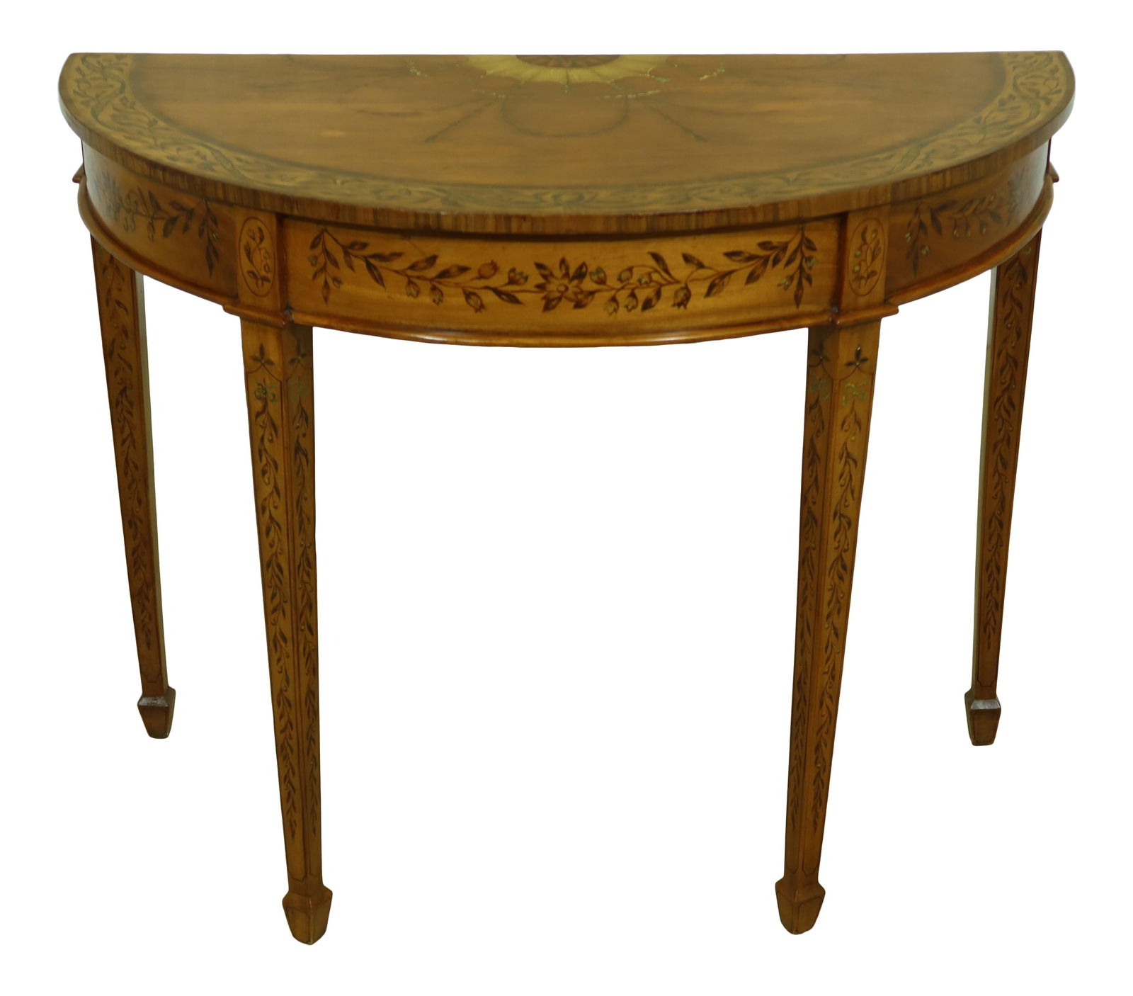 Vintage Adam Style Satinwood Console Table with Hand-Painted Details: Vintage Adam Style Satinwood Console Table with Hand-Painted Details This exquisite Adam Style console table showcases a stunning paint-decorated finish with intricate hand-painted details, reflecting