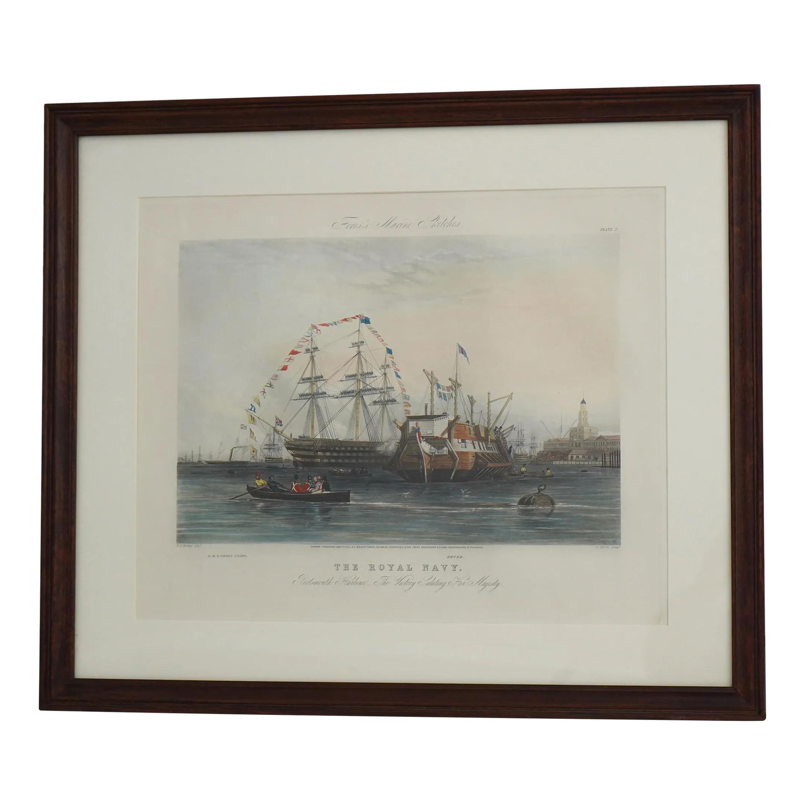 Vintage Engraving The Royal Navy by J Harris Framed 100 Years Old: Vintage Engraving The Royal Navy by J Harris Framed 100 Years Old Discover this exquisite vintage colored engraving titled 'The Royal Navy', created by J. Harris. This remarkable piece is over 100 yea