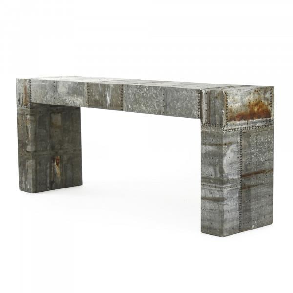 Zentique Kari Console Table Patched Recycled Metal 31H 73W 17D: Zentique Kari Console Table Patched Recycled Metal 31H 73W 17D Introducing the Kari Console, a stunning piece crafted from patched recycled metal. This console table is not only a functional addition
