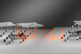 1960s Adrian Pearsall Style Walnut Glass-Top End Tables Set of 2: 1960s Adrian Pearsall Style Walnut Glass-Top End Tables Set of 2 Enhance your living space with this stunning set of two tubular glass-top end tables, inspired by the iconic designs of Adrian Pearsall