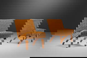 Thonet 1940s Yellow Plaid Bentwood Slipper Chairs Set of 2: Thonet 1940s Yellow Plaid Bentwood Slipper Chairs Set of 2 This set of two Bentwood Slipper Chairs showcases a delightful combination of vintage charm and modern comfort, featuring original yellow pla