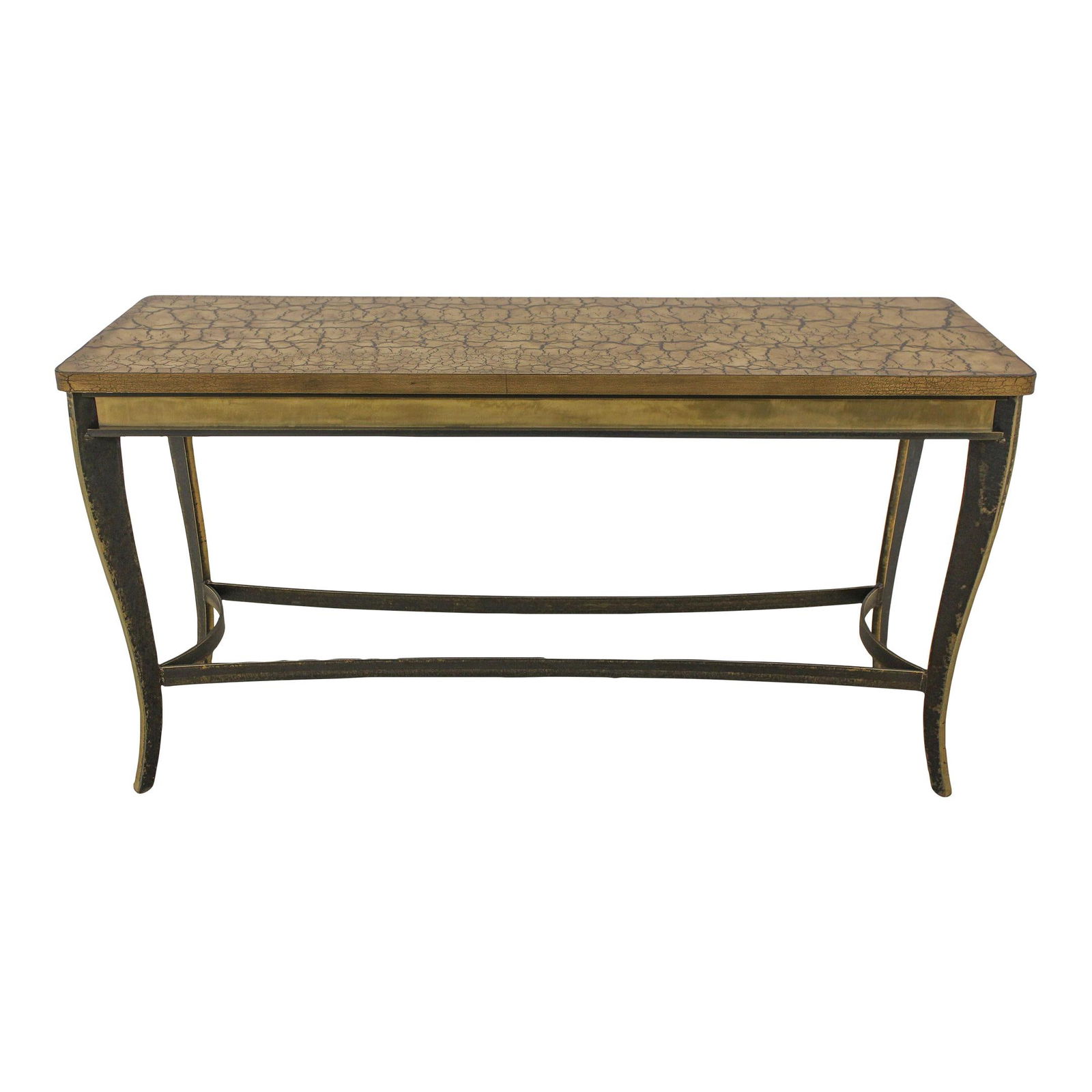 Paul Evans Inspired Modern Hall Table with Brass Base and Crackle Finish: Paul Evans Inspired Modern Hall Table with Brass Base and Crackle Finish Experience the elegance of modern design with this Paul Evans Inspired Hall Table. Crafted approximately 30 years ago, this stu