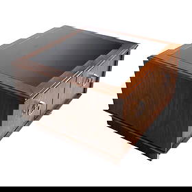 1970s Milo Baughman Style Glass Top Walnut Side Table: 1970s Milo Baughman Style Glass Top Walnut Side Table This stylish 1970's side or end table features a striking black glass top and a case combining walnut and faux walnut formica, complemented by chr