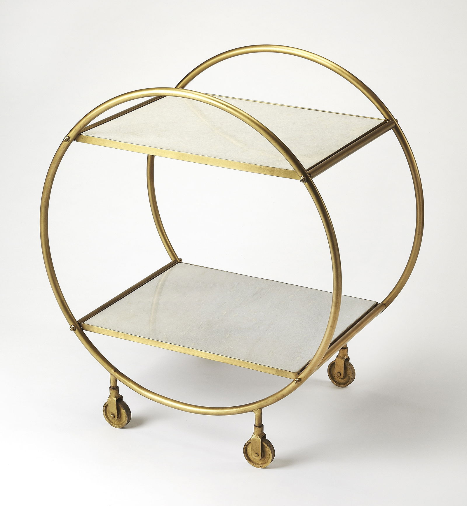 Butler Mid-Century Bar Cart with Gold Finish and Marble: Butler Mid-Century Bar Cart with Gold Finish and Marble Elevate your entertaining experience with this stylish circular bar cart, featuring a luxurious gold finish and elegant marble accents. Designed