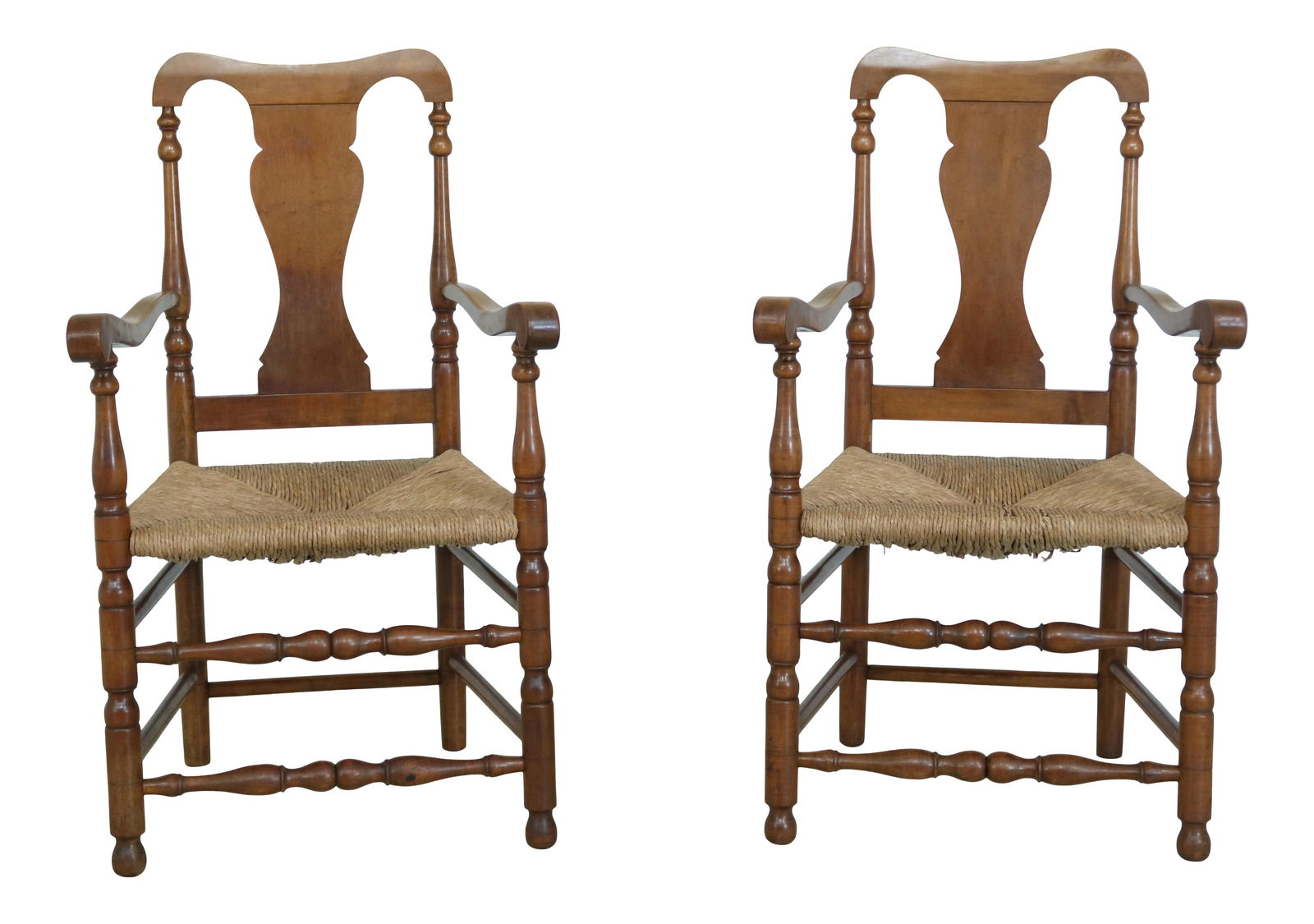 Wallace Nutting Signed Cherry Rush Seat Armchair Pair: Wallace Nutting Signed Cherry Rush Seat Armchair Pair This exquisite pair of Wallace Nutting signed armchairs showcases a classic design with rush seats and are approximately 100 years old. Handcrafte