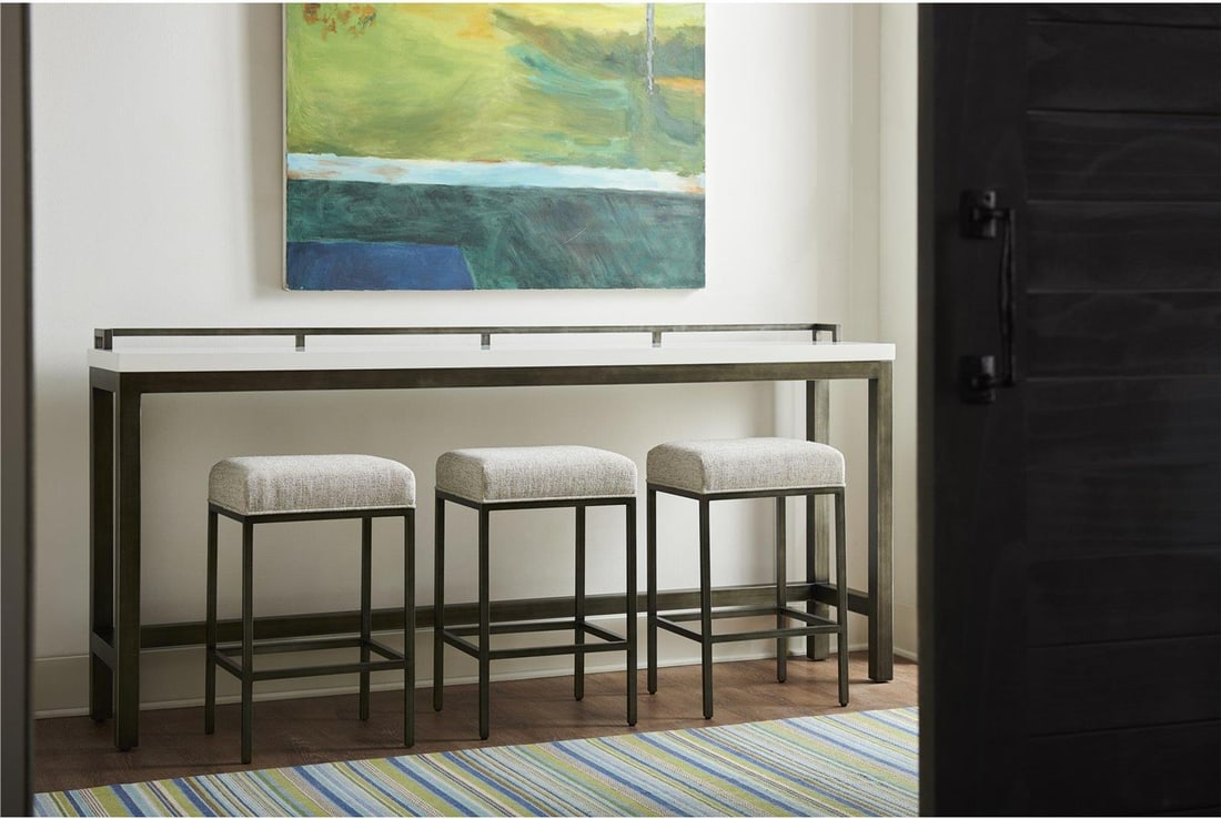 Universal Elegant Essence Console Table with Stools Coconut Metal Meringue: Universal Elegant Essence Console Table with Stools Coconut Metal Meringue Introducing a stylish and functional space-saving console table that seamlessly blends into any transitional decor. This eleg