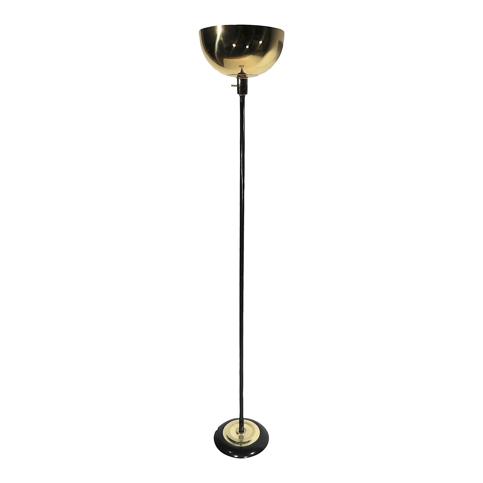 Mid Century Hollywood Regency Brass Torchiere Floor Lamp C. 1950s-70s: Mid Century Hollywood Regency Brass Torchiere Floor Lamp C. 1950s-70s Elevate your space with this chic Hollywood Regency style torchiere floor lamp, featuring a stunning gold tone metal bowl top and 