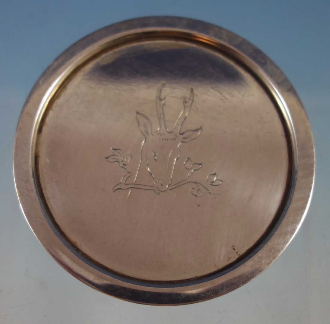 Georg Jensen Sterling Silver Coaster Engraved Deer 296A 2 3/4 Inch: Georg Jensen Sterling Silver Coaster Engraved Deer 296A 2 3/4 Inch This exquisite Georg Jensen sterling silver coaster showcases a beautifully engraved deer entwined with branches. With a diameter of