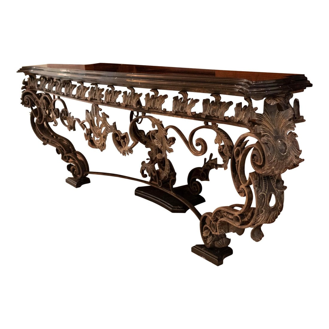 Custom Hand Wrought Iron Console Table with Black Marble Top: Custom Hand Wrought Iron Console Table with Black Marble Top This exquisite console table showcases custom iron work paired with a stunning black marble top featuring a beveled edge. Crafted in the 19