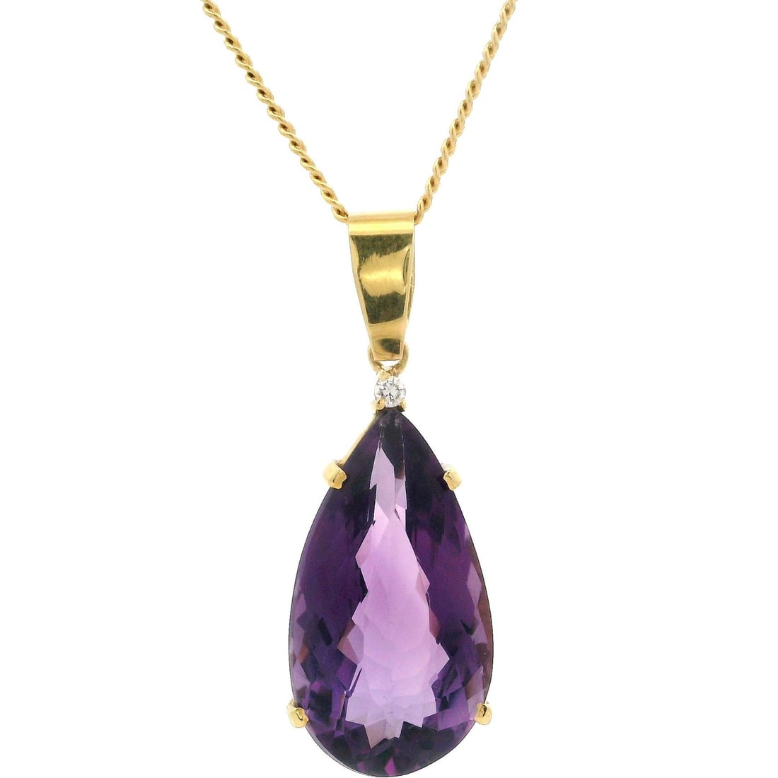 Handmade 14k Gold Amethyst Diamond Teardrop Pendant 22" Necklace: Handmade 14k Gold Amethyst Diamond Teardrop Pendant 22" Necklace This exquisite handmade pendant features a stunning teardrop-shaped natural amethyst, showcasing a beautiful medium purple hue. The ame