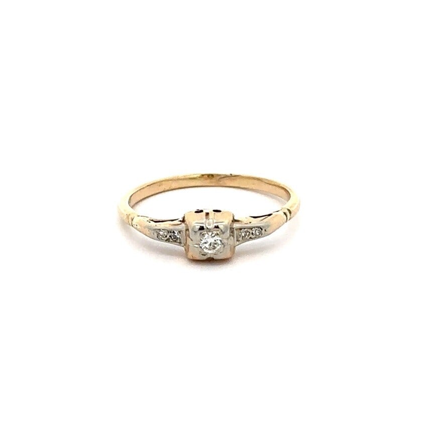 Antique 14K Two-Tone Gold Diamond Engagement Ring Old European Cut: Antique 14K Two-Tone Gold Diamond Engagement Ring Old European Cut This exquisite antique engagement/promise ring showcases a stunning combination of solid 14K yellow gold and a 14K white gold top. Th