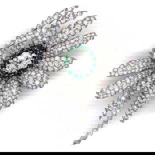 Platinum Flower Brooch with 340 Diamonds and Emeralds: Platinum Flower Brooch with 340 Diamonds and Emeralds This exquisite Platinum Diamond & Emerald Flower Brooch showcases a stunning floral design, weighing 23.6 grams. It features three prominent diamo