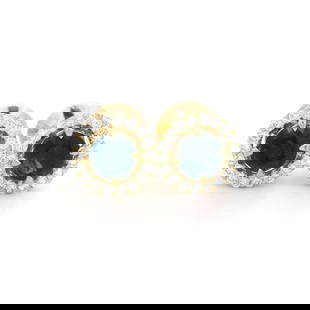 14k Yellow Gold 1.68ctw Sapphire Diamond Halo Stud Earrings: 14k Yellow Gold 1.68ctw Sapphire Diamond Halo Stud Earrings Elevate your jewelry collection with these exquisite 14k Yellow Gold stud earrings featuring a stunning halo design. Each earring showcases