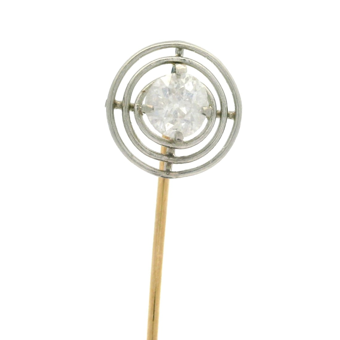 Antique Edwardian 14k Gold Platinum Diamond Handmade Target Stick Pin: Antique Edwardian 14k Gold Platinum Diamond Handmade Target Stick Pin This exquisite Antique Edwardian stick pin is crafted from 14k yellow gold with a platinum head, showcasing a stunning old Europea
