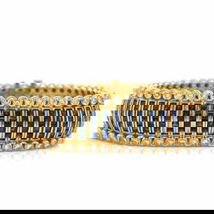 18K Yellow Gold Sapphire Diamond Bracelet 100 Diamonds 200 Sapphires: 18K Yellow Gold Sapphire Diamond Bracelet 100 Diamonds 200 Sapphires This exquisite 18K Yellow Gold bracelet features a stunning array of sapphires and diamonds. Weighing 73.2 grams, the bracelet is a
