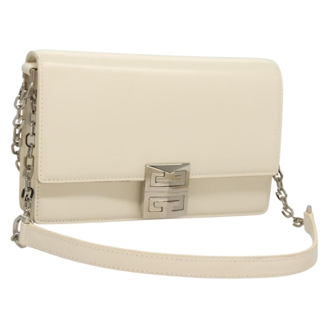 GIVENCHY White Silver Leather Chain Shoulder Bag Auth Italy: GIVENCHY White Silver Leather Chain Shoulder Bag Auth Italy This exquisite GIVENCHY Chain Shoulder Bag is a stylish accessory crafted from high-quality leather in a sophisticated white and silver colo