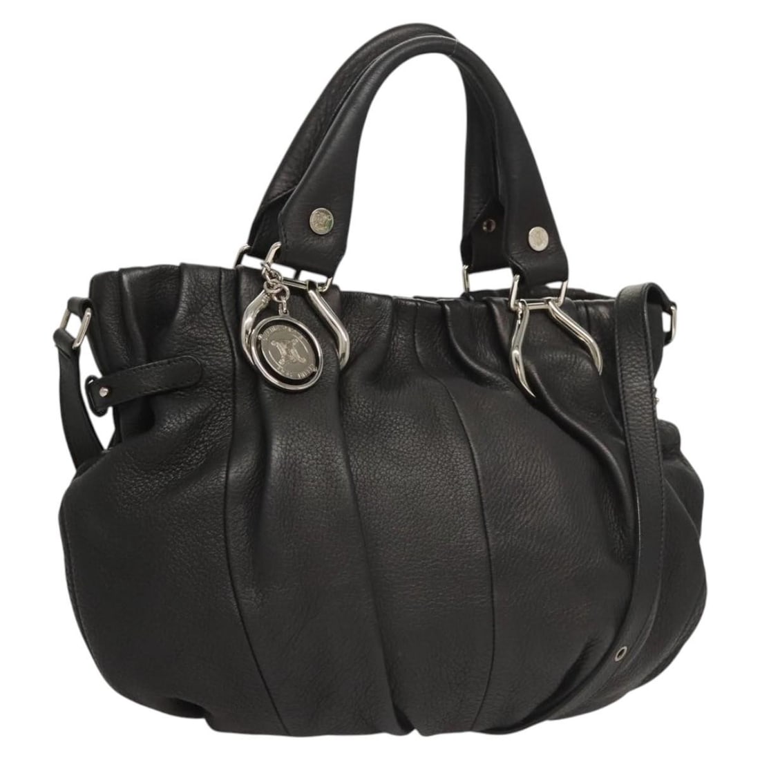 CELINE Black Leather 2-Way Hand Bag Silver Accents Auth 122908: CELINE Black Leather 2-Way Hand Bag Silver Accents Auth 122908 This authentic CELINE hand bag showcases a sleek black leather exterior complemented by silver accents. Its spacious design measures appr