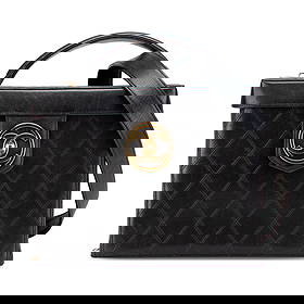 Chanel Black CC Stitched Calfskin Vanity Case with Chain Strap: Chanel Black CC Stitched Calfskin Vanity Case with Chain Strap Elevate your accessory collection with the Chanel CC Stitched Calfskin Turnlock Vanity Case. This chic vanity bag is crafted from luxurio