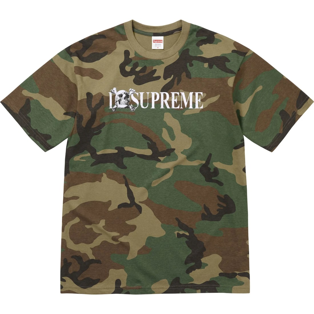 Supreme Skull and Bones Woodland Camo Streetwear Tee: Supreme Skull and Bones Woodland Camo Streetwear Tee Make a bold statement with the Supreme Skull And Bones Woodland Camo Tee, an essential piece in streetwear fashion. This tee features Supreme's ico