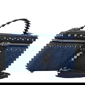 MCM Blue Denim Vanity Pouch Canvas 2way with Dust Bag: MCM Blue Denim Vanity Pouch Canvas 2way with Dust Bag This MCM Vanity Pouch offers a stylish and practical accessory for everyday use. Crafted in Korea from durable canvas, this pouch features a vibra