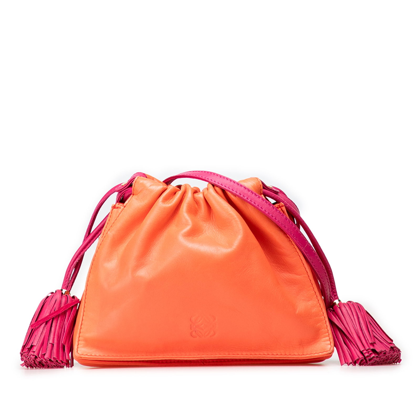 LOEWE Mini Nappa Flamenco Crossbody Bag with Tassels Orange: LOEWE Mini Nappa Flamenco Crossbody Bag with Tassels Orange The LOEWE Mini Nappa Flamenco Tassel Crossbody bag is a stylish accessory crafted from premium nappa leather, showcasing charming tassel det