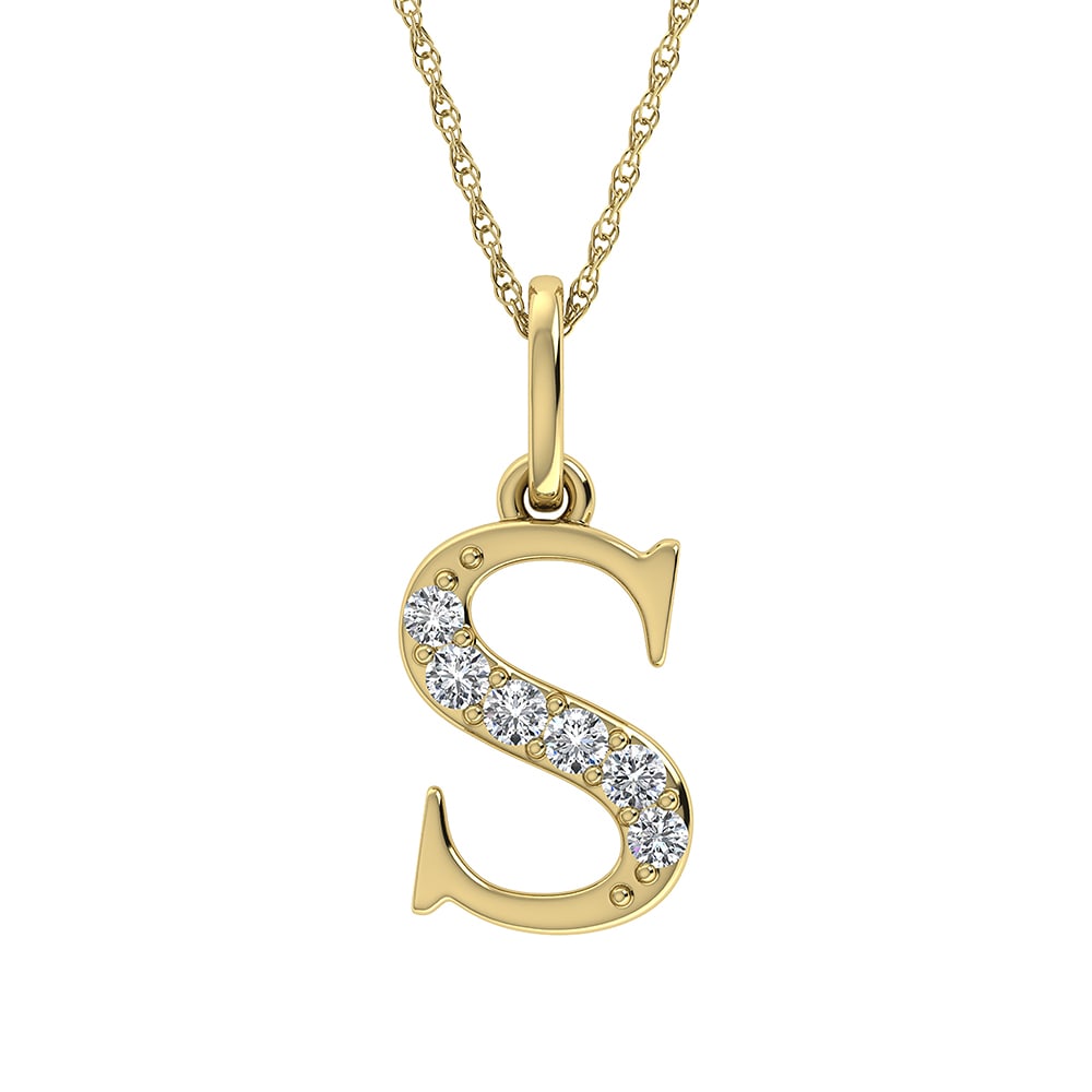 Diamond 1/20 Ct.Tw. Letter S Pendant in 10K Yellow Gold: Diamond 1/20 Ct.Tw. Letter S Pendant in 10K Yellow Gold Metal: 10k Yellow Gold Stone Count: 6.0 Stone Shape: Round Stone Type: Diamond Stone Color: G-h Stone Clarity: I1 / I2 Stone Weight (Carat): 0.0