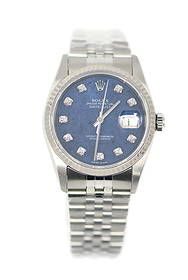 Rolex Datejust 16234 Sodalite Diamond Stainless Steel Watch with Papers: Rolex Datejust 16234 Sodalite Diamond Stainless Steel Watch with Papers This exquisite Rolex Datejust watch features a stunning sodalite diamond dial, housed in a polished stainless steel case measuri