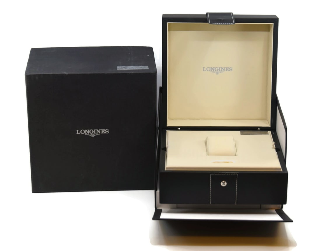 Longines Authentic Black Leather Extra Large Watch Presentation Box: Longines Authentic Black Leather Extra Large Watch Presentation Box This Longines Extra Large Watch Box is the perfect presentation case for your timepiece. Crafted from high-quality leather, this box