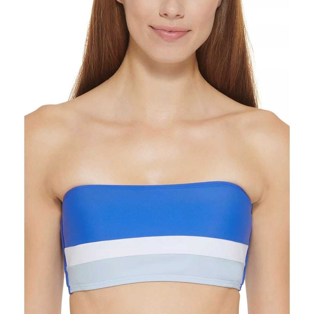 DKNY Lapis Blue Colorblocked Bandeau Bikini Top M: DKNY Lapis Blue Colorblocked Bandeau Bikini Top M Make a bold statement at the beach with this DKNY Colorblocked Bandeau Bikini Top in Lapis Blue. Designed for a flattering fit, this bikini top featur