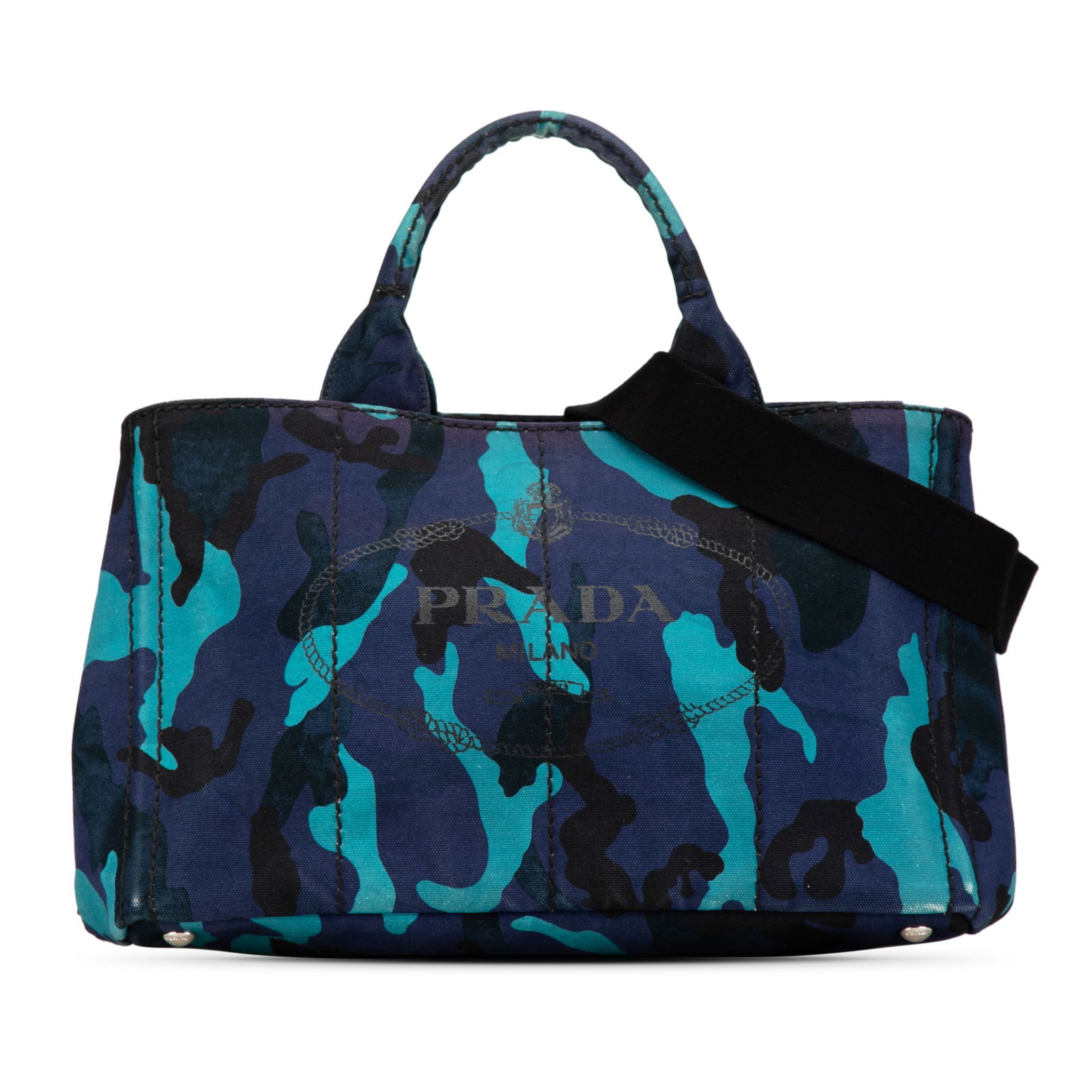 Prada Canvas Camouflage Satchel with Detachable Strap: Prada Canvas Camouflage Satchel with Detachable Strap The Prada Canvas Camouflage Canapa Logo Satchel is a stylish and practical bag designed for everyday use. It features a printed canvas body in a s