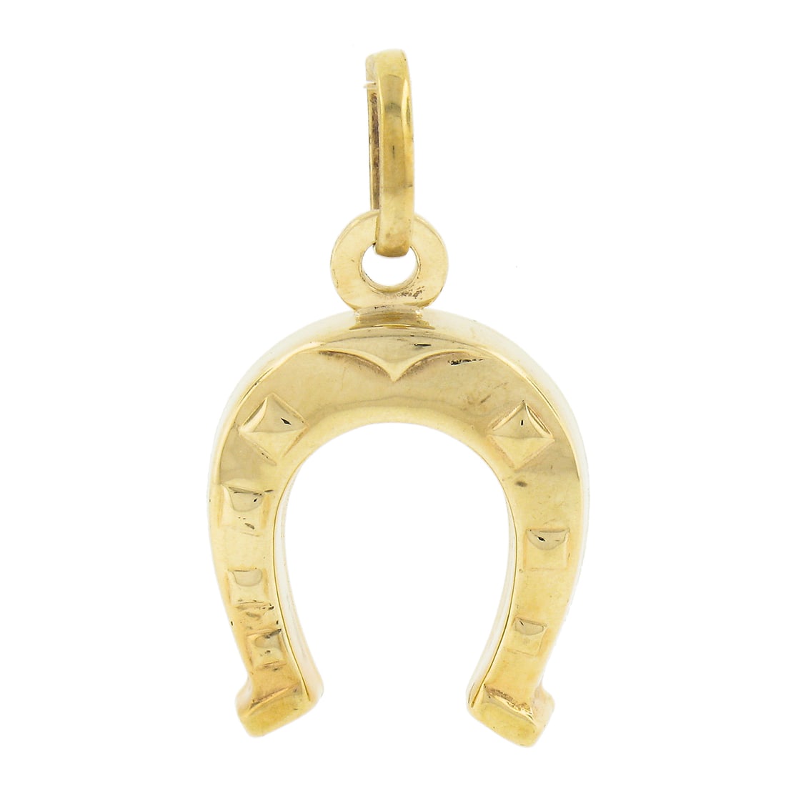 14k Yellow Gold Lucky Horseshoe Charm Pendant with Bail: 14k Yellow Gold Lucky Horseshoe Charm Pendant with Bail Celebrate moments of luck with this exquisite 14k Yellow Gold Puffed Lucky Horseshoe Charm Pendant. Crafted from solid 14k yellow gold, this cha