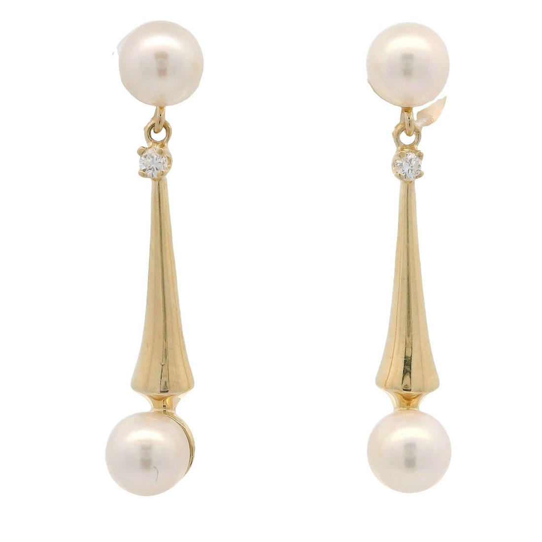 14k Yellow Gold Pearl Diamond Dangle Drop Earrings: 14k Yellow Gold Pearl Diamond Dangle Drop Earrings These exquisite 14k Yellow Gold Cultured Pearl & Diamond Polished Flared Dangle Drop Earrings are the perfect accessory for any occasion. Featuring f