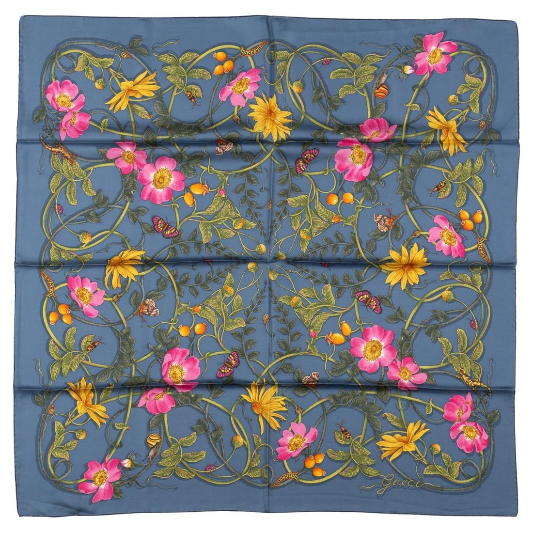 Gucci Flowerwebby 100% Silk Scarf Made in Italy 35x35: Gucci Flowerwebby 100% Silk Scarf Made in Italy 35x35 Elevate your accessory collection with the Gucci "Flowerwebby" scarf, crafted from luxurious 100% silk. This stunning piece features a vibrant arr