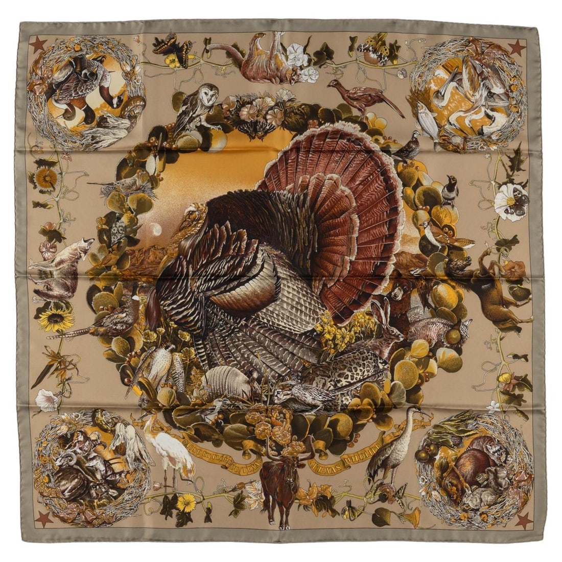 Hermes Faune et Flore du Texas Scarf by Kermit Oliver 35x35: Hermes Faune et Flore du Texas Scarf by Kermit Oliver 35x35 Discover the exquisite Hermes "Faune et Flore du Texas" Scarf, designed by Kermit Oliver in 1992. This stunning scarf beautifully illustrate