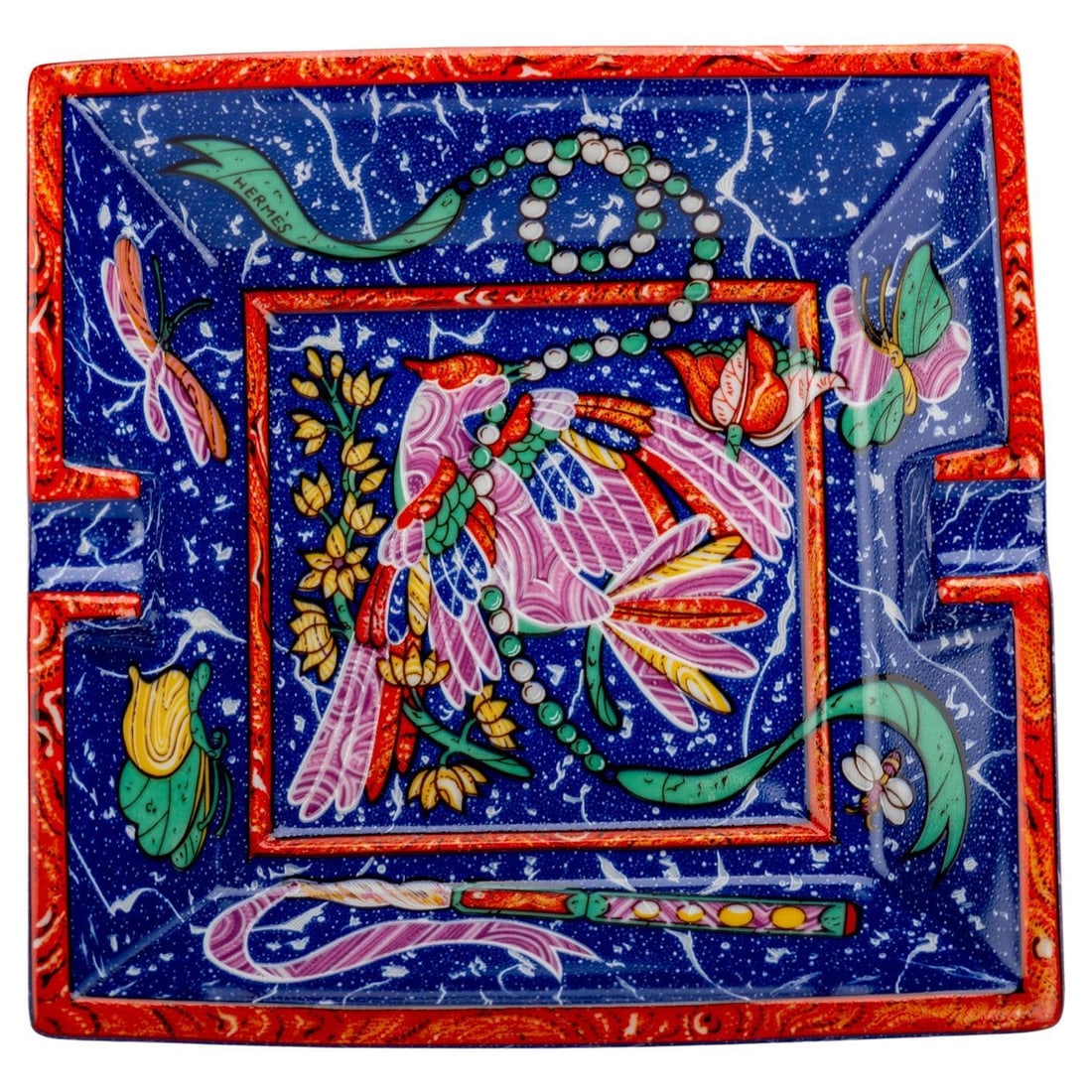 Hermes Porcelain Ashtray with Stylized Peacock Design 2 x 6 x 6 in: Hermes Porcelain Ashtray with Stylized Peacock Design 2 x 6 x 6 in This exquisite square ashtray from Hermes showcases a stunning stylized peacock design, embodying the elegance and craftsmanship the 