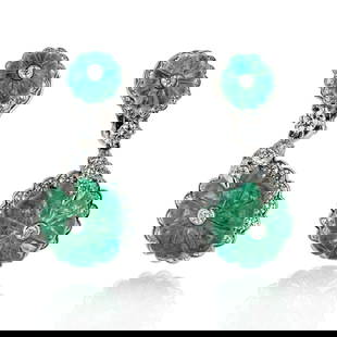 David Webb Platinum Emerald Diamond Drop Earrings 1.1 inches: David Webb Platinum Emerald Diamond Drop Earrings 1.1 inches Experience the luxurious allure of these David Webb Platinum Carved Green Emerald and Diamond Drop Earrings. Meticulously crafted in platin