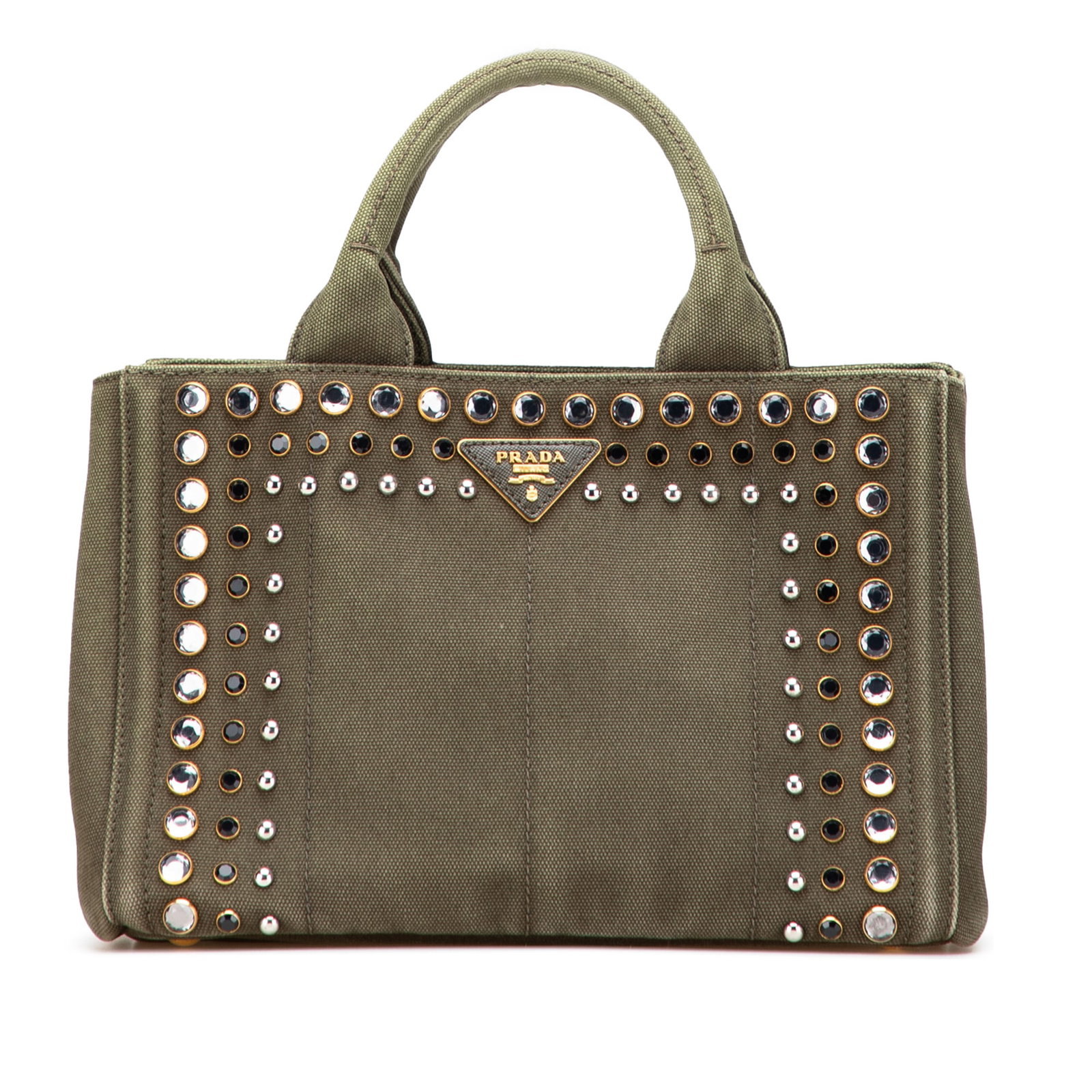 Prada Small Canvas Canapa Bijoux Satchel with Studded Design: Prada Small Canvas Canapa Bijoux Satchel with Studded Design The Prada Small Canvas Canapa Bijoux Satchel is a stylish and functional accessory crafted from a studded canvas material. It features roll