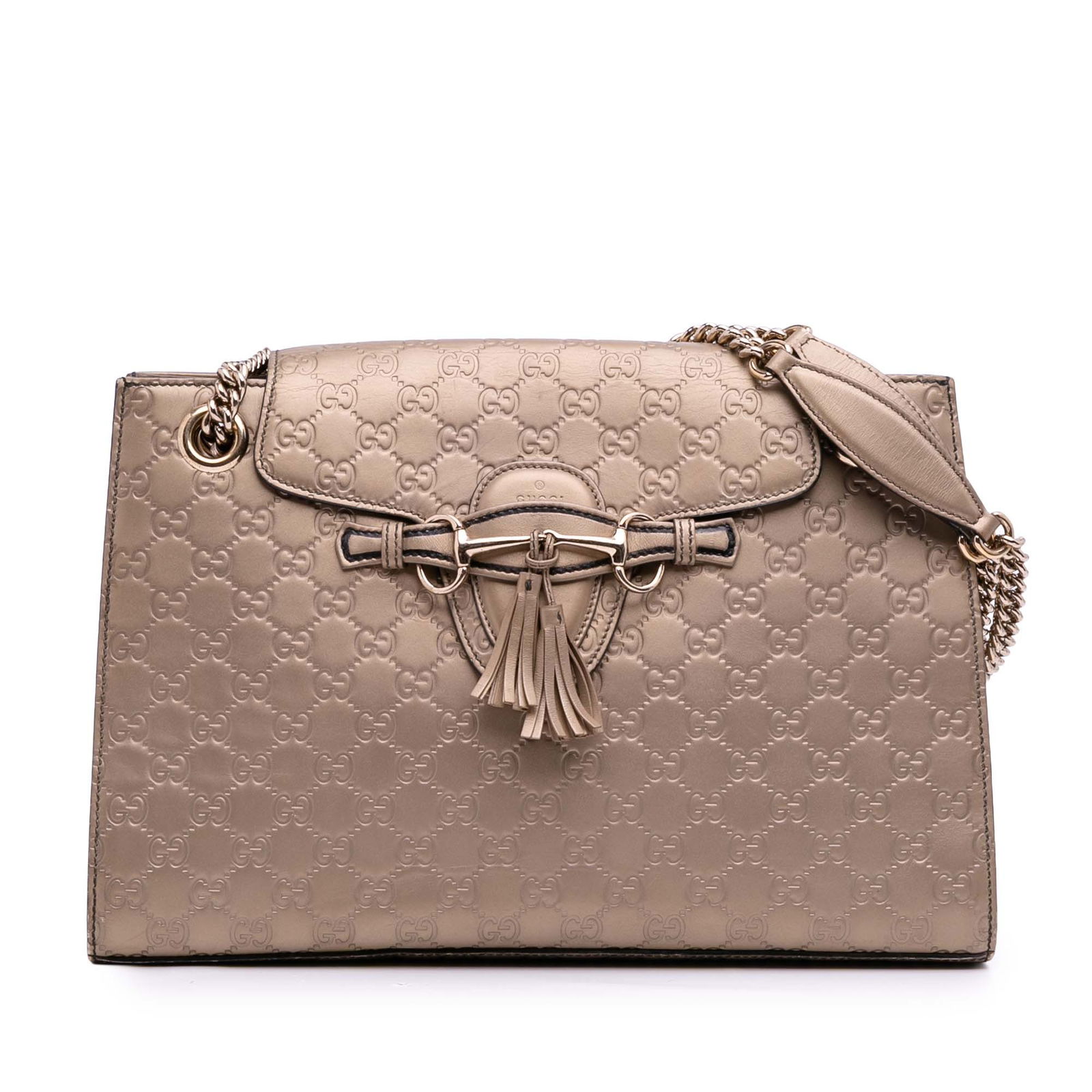 Gucci Large Guccissima Emily Gold Leather Shoulder Bag: Gucci Large Guccissima Emily Gold Leather Shoulder Bag The Large Guccissima Emily Shoulder Bag by Gucci is a stylish accessory crafted from embossed leather. It features chain straps complemented by f