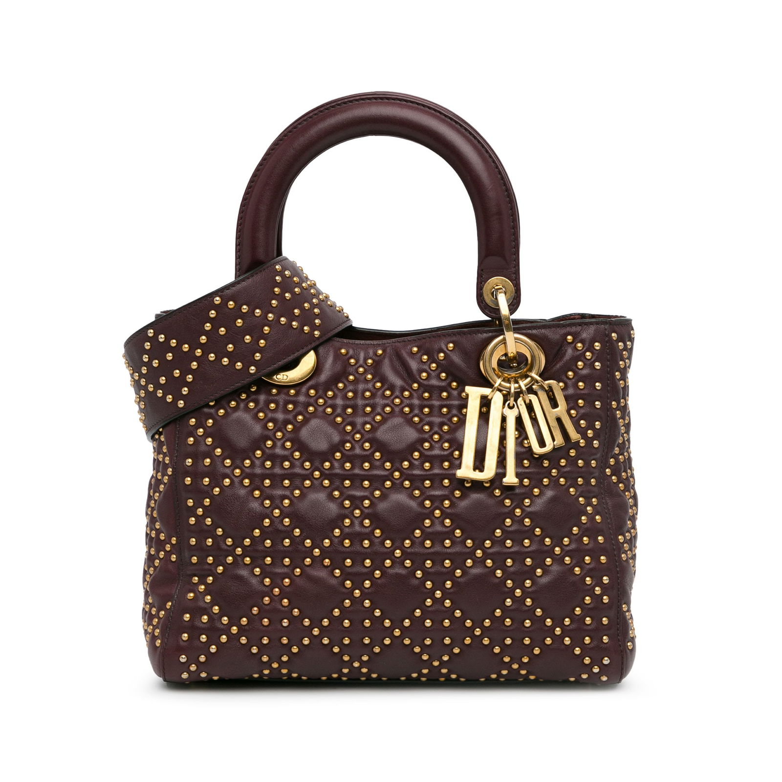 Dior Medium Lambskin Cannage Studded Lady Dior Satchel Red Leather: Dior Medium Lambskin Cannage Studded Lady Dior Satchel Red Leather Introducing the Medium Lambskin Cannage Studded Supple Lady Dior, a sophisticated satchel crafted with a studded leather body that ex