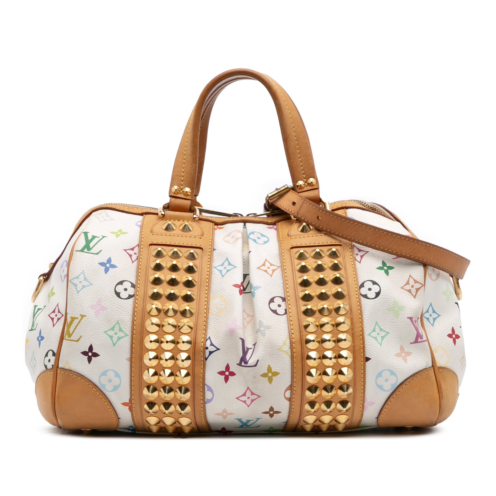 Louis Vuitton Monogram Multicolore Courtney MM Bag with Leather Trim: Louis Vuitton Monogram Multicolore Courtney MM Bag with Leather Trim The Louis Vuitton Monogram Multicolore Courtney MM is a stylish handbag made from multicolored monogram canvas, complemented by stu
