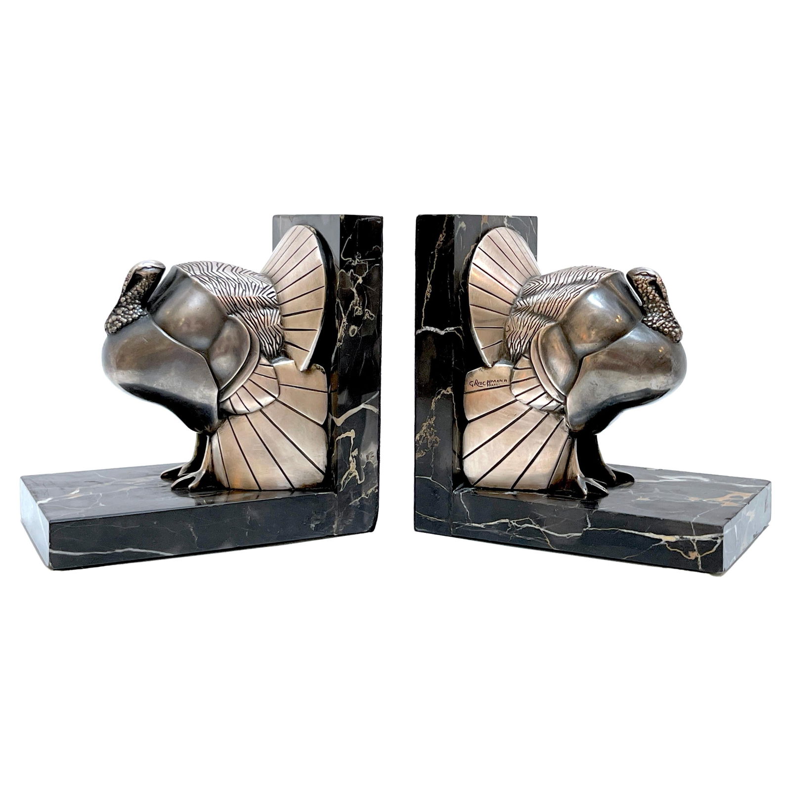 Art Deco Silvered-Bronze Turkey Bookends by G. Rischmann France 1930s Set of 2: Art Deco Silvered-Bronze Turkey Bookends by G. Rischmann France 1930s Set of 2 This exquisite pair of Art Deco silvered-bronze 'Turkey' bookends, crafted by Gaston Rischmann in France during the 1930s