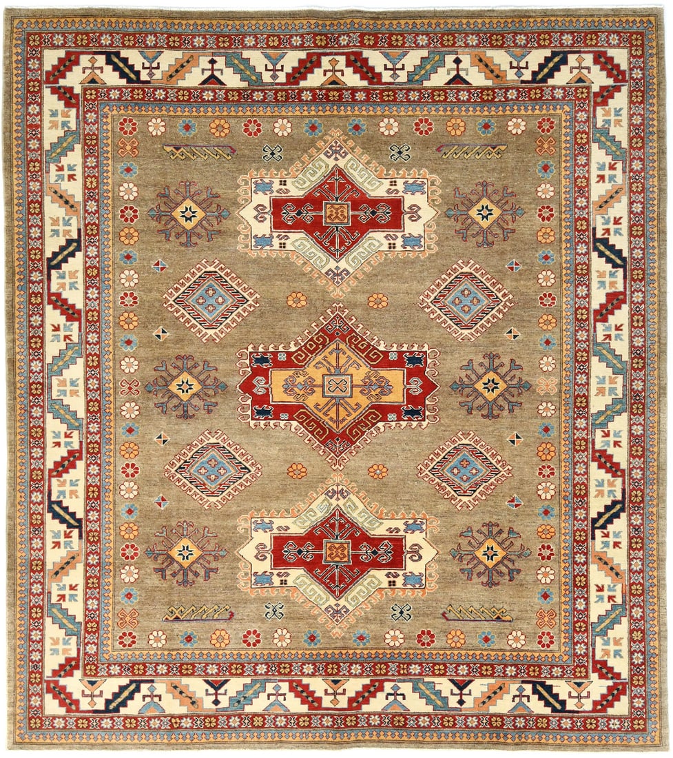 Hand-Knotted Kazak Area Rug 8'3 x 9'4 Tribal Geometric Wool Decor: Hand-Knotted Kazak Area Rug 8'3 x 9'4 Tribal Geometric Wool Decor Enhance your home with this exquisite Hand-Knotted Kazak Oriental Rug, measuring 8'3" x 9'4". This stunning rug features a rich khaki 