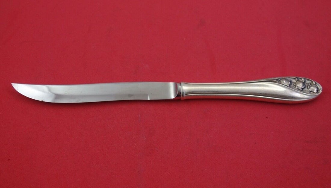 Gorham Lily of the Valley Sterling Silver Steak Knife 8 3/4 Beveled Blade: Gorham Lily of the Valley Sterling Silver Steak Knife 8 3/4 Beveled Blade This exquisite steak knife features the elegant "Lily of the Valley" pattern by Gorham. Crafted from high-quality sterling sil