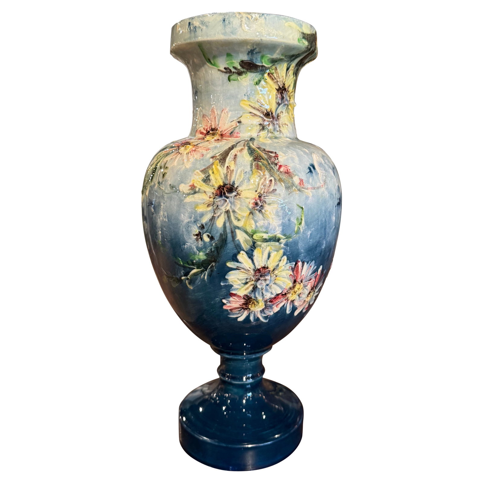 19th Century French Majolica Vase by Pierre Perret Hand-Painted Floral Design: 19th Century French Majolica Vase by Pierre Perret Hand-Painted Floral Design This exquisite 19th Century French hand-painted floral barbotine vase is a stunning example of majolica craftsmanship. Mad