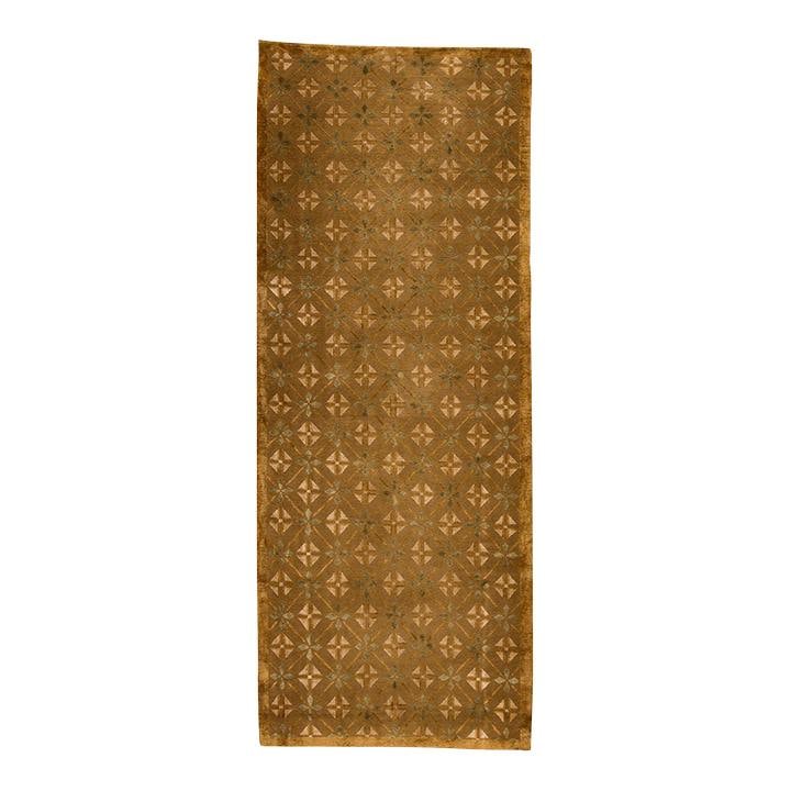 Vintage Tibetan Handmade Wool Silk Runner Geometric Design: Vintage Tibetan Handmade Wool Silk Runner Geometric Design This exquisite Vintage Tibetan Handmade Runner showcases a stunning hand-knotted design, combining wool and silk for a luxurious feel. The ru