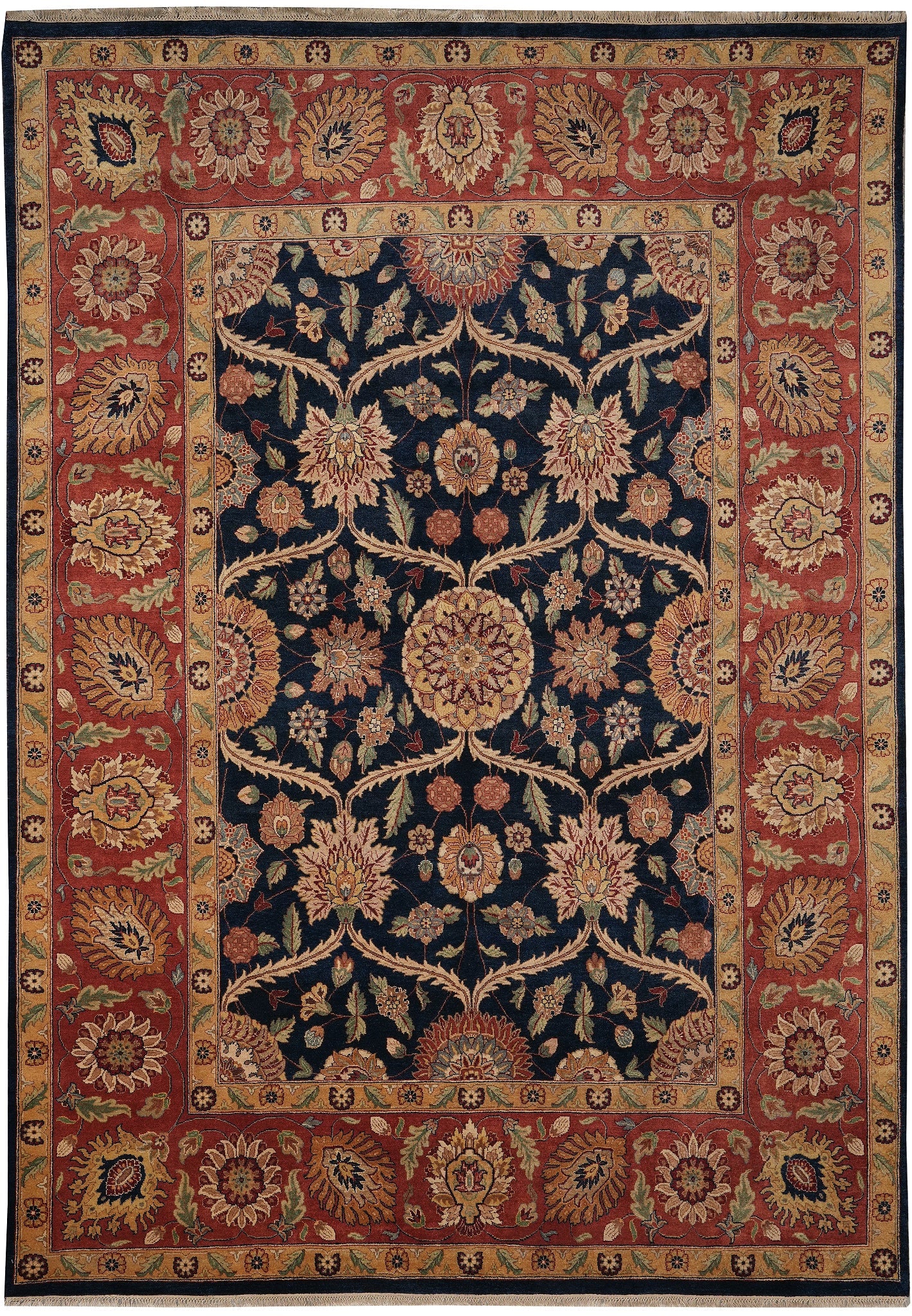 8.9 x 12 Hand-Knotted Rug Midnight Blue with Coral Accents: 8.9 x 12 Hand-Knotted Rug Midnight Blue with Coral Accents Enhance your living space with this stunning 8.9 x 12 hand-knotted rug, featuring a beautiful midnight blue background adorned with coral acc