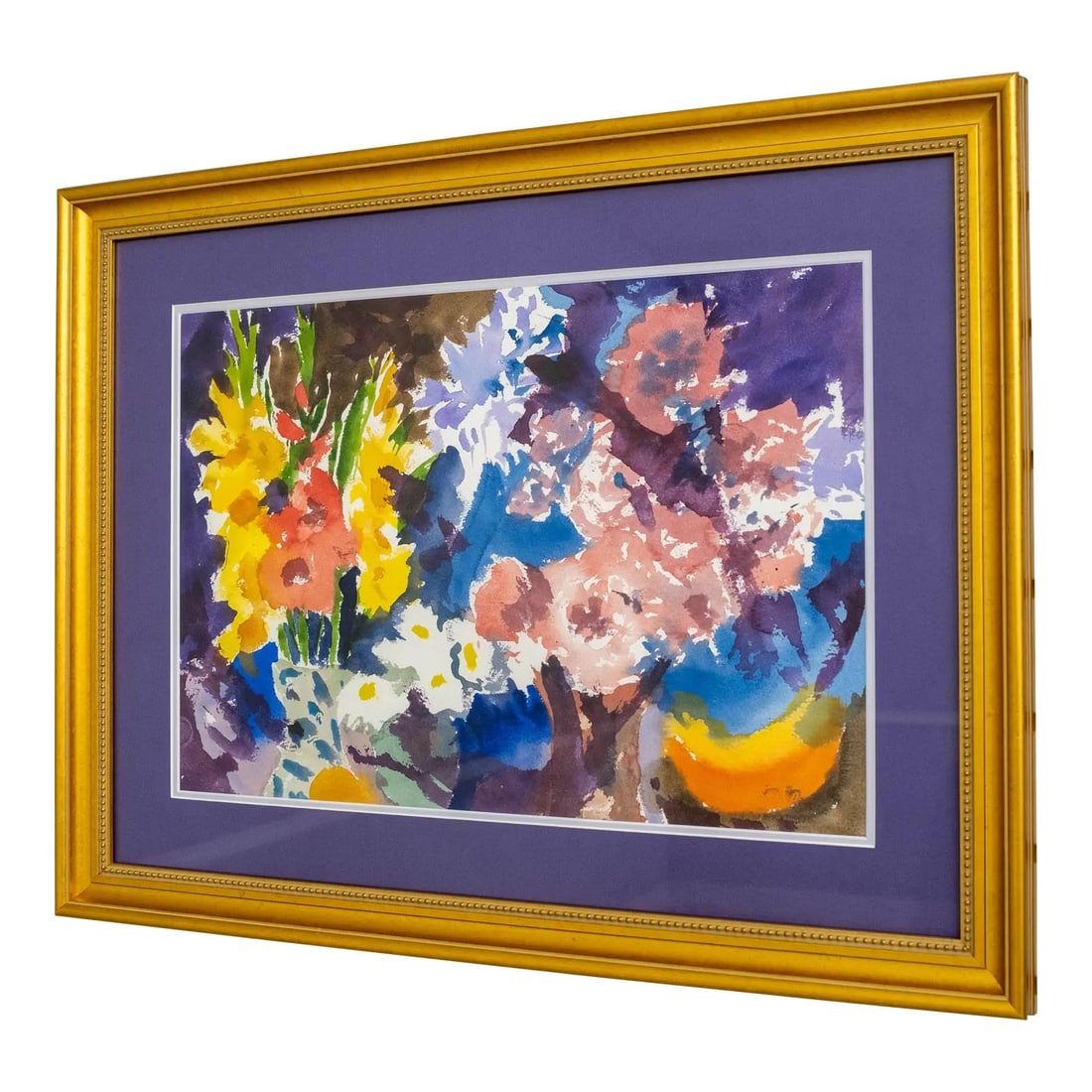 Vibrant Abstract Still Life Watercolor Flowers in Gold Frame: Vibrant Abstract Still Life Watercolor Flowers in Gold Frame This captivating abstract still life watercolor painting showcases vibrant bouquets of flowers, rendered with bold colors and skilled strok