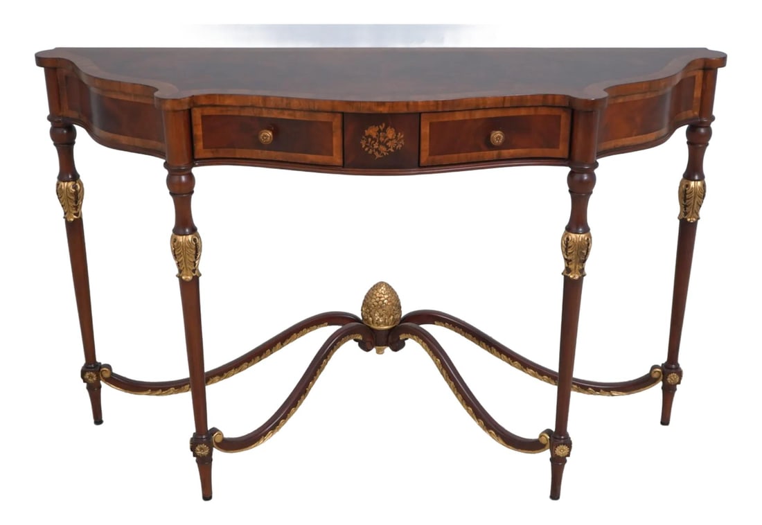 Maitland Smith 8128-34 Mahogany Console Table with Gold Accents: Maitland Smith 8128-34 Mahogany Console Table with Gold Accents This elegant Maitland Smith console table showcases a timeless design crafted from rich mahogany, featuring exquisite gold accents and a