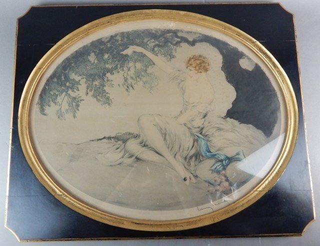 Louis Icart Art Deco Print Lady Under Tree Framed Original Blue: Louis Icart Art Deco Print Lady Under Tree Framed Original Blue This exquisite Art Deco print by Louis Icart features a captivating depiction of a lady under a tree, rendered predominantly in blue ton